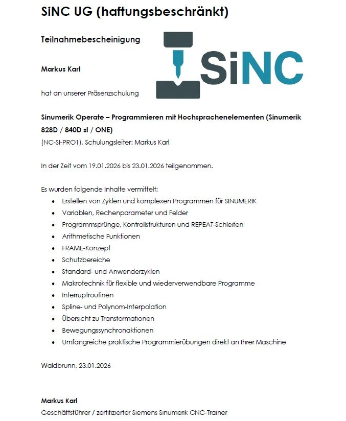 Muster Teilnahmebescheinigung Weiterbildung CNC  Programmierer - Programmieren mit Hochsprachenelementen