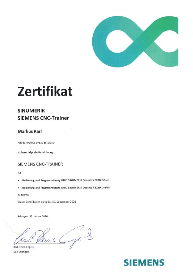 Zertifikat Siemens Sinumerik CNC Trainer