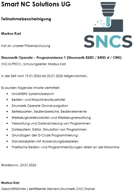 Muster Teilnahmebescheinigung Sinumerik Inhouse Schulung - Programmieren 1