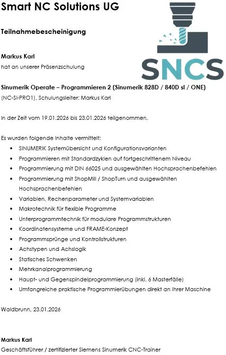 Muster Teilnahmebescheinigung Kurs CNC Programmierung - Programmieren 2