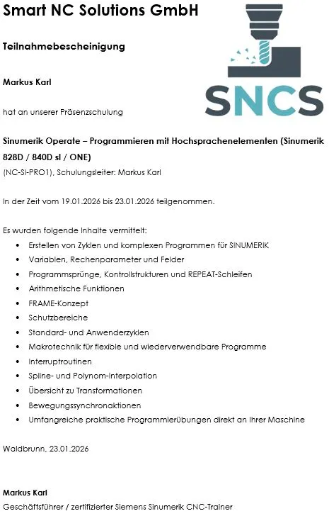 Muster Teilnahmebescheinigung Weiterbildung CNC Programmierer - Programmieren mit Hochsprachenelementen